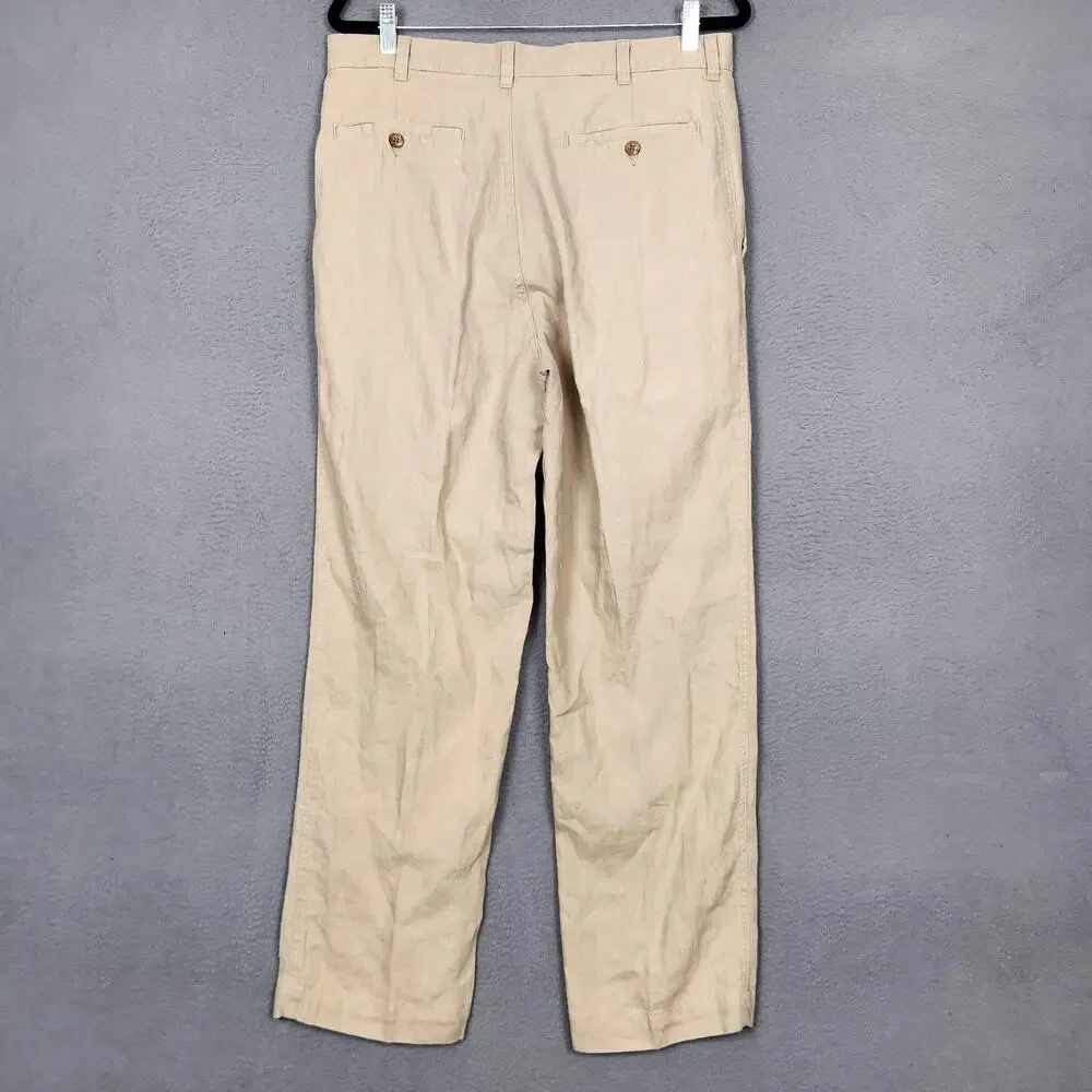 Jos A Bank Pants Mens 34x30 Beige Linen Flat Front Chino Casual Summer
